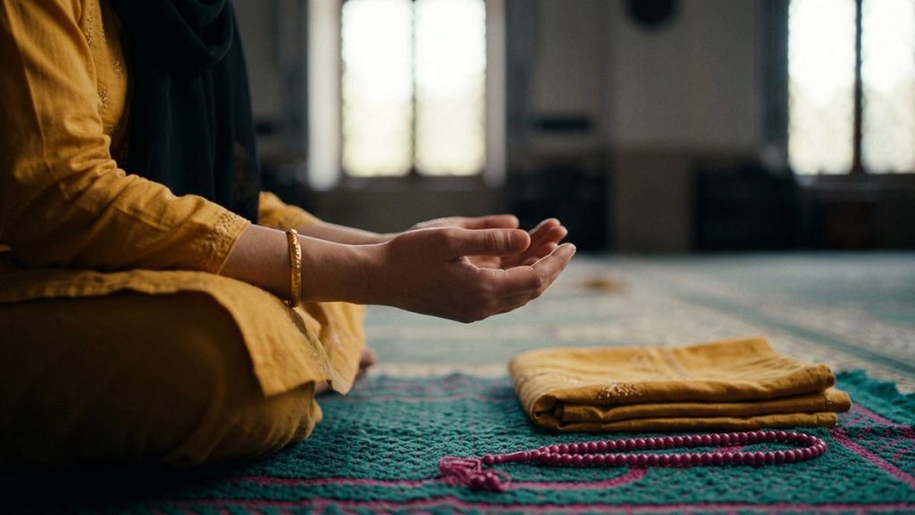Close view of a Muslim woman's hands and the folded prayer mat and beads during the Dua for Accepted Worship.