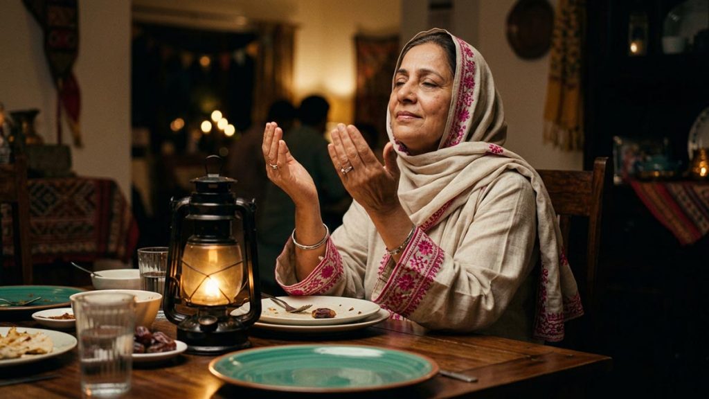 A Muslim woman at a table after the evening meal in Ramadan, an opening scene for the Dua for Accepting Fasting.