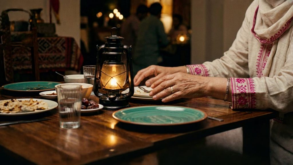 Close view of a Muslim woman's hands and the emptied plate and a lantern during the Dua for Accepting Fasting.