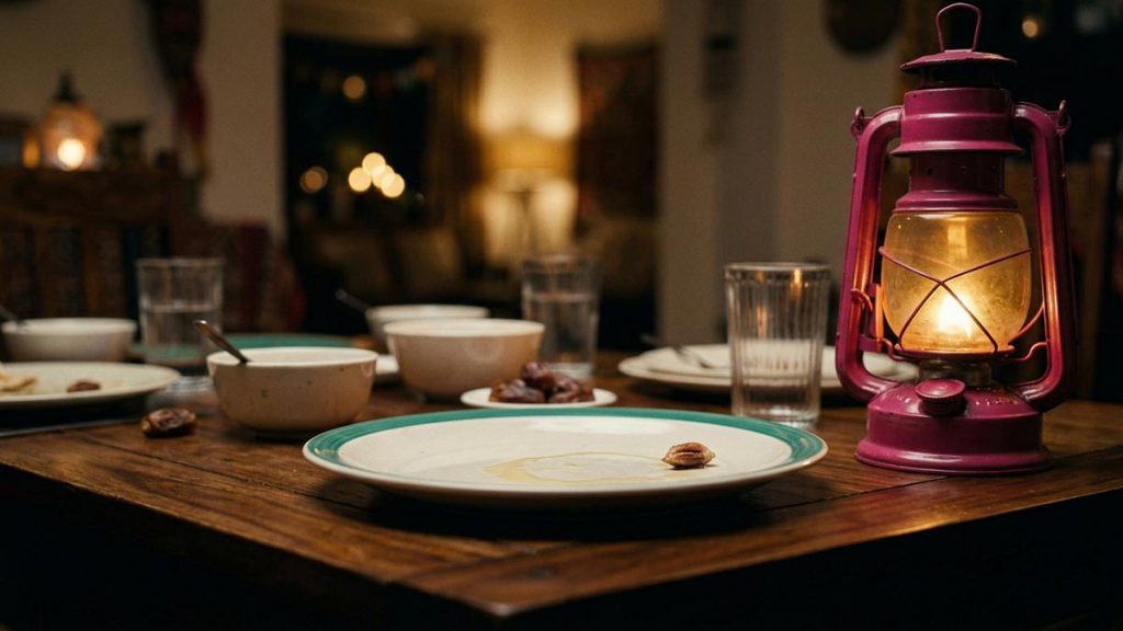 A still-life of an emptied plate and a lantern on a table at the end of a fast day, illustrating the Dua for Accepting Fasting.