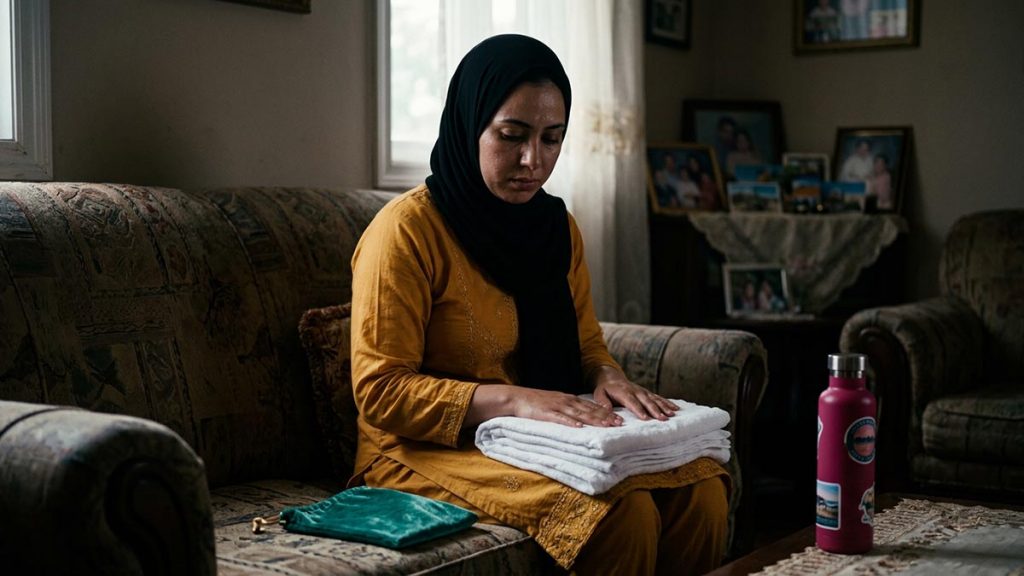 A Muslim woman at home after returning from the pilgrimage, an opening scene for the Dua for Accepting Hajj.