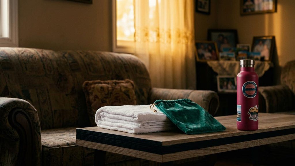 A still-life of folded white pilgrim cloth and a flask of blessed water kept at home, illustrating the Dua for Accepting Hajj.