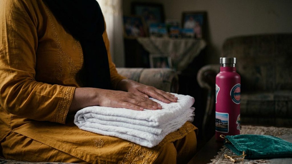 Close view of a Muslim woman's hands and the folded white pilgrim cloth and a flask of blessed water kept during the Dua for Accepting Hajj.