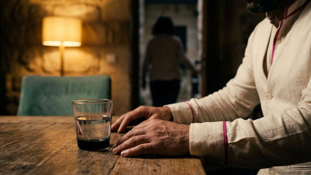 Close view of a Muslim man's hands and the empty chair pushed back from a table and a glass of water during the Dua for Anger.