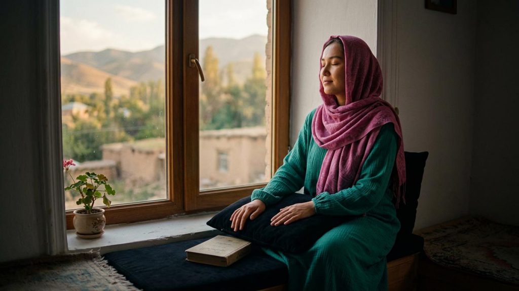 A Muslim woman at a window seat in a calm, uncluttered room, an opening scene for the Dua for Anxiety.