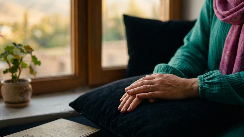 Close view of a Muslim woman's hands and the empty chair during the Dua for Anxiety.