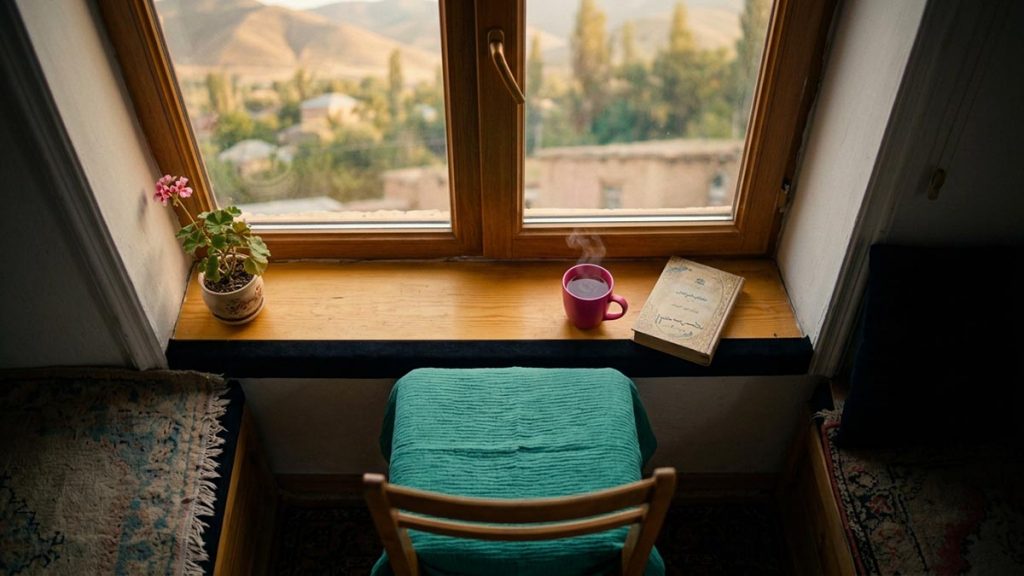 A still-life of an empty chair by a window with a cup of tea cooling on the sill, illustrating the Dua for Anxiety.