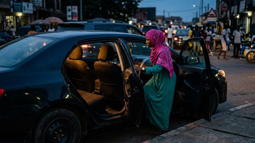 A Muslim woman beside an open car door at the kerb, an opening scene for the Dua for Boarding a Vehicle.