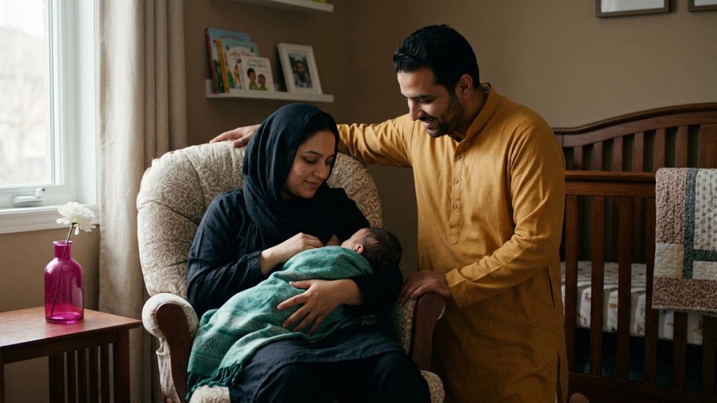 A Muslim family in a quiet nursery corner with a nursing chair, an opening scene for the Dua for Breastfeeding Mothers.
