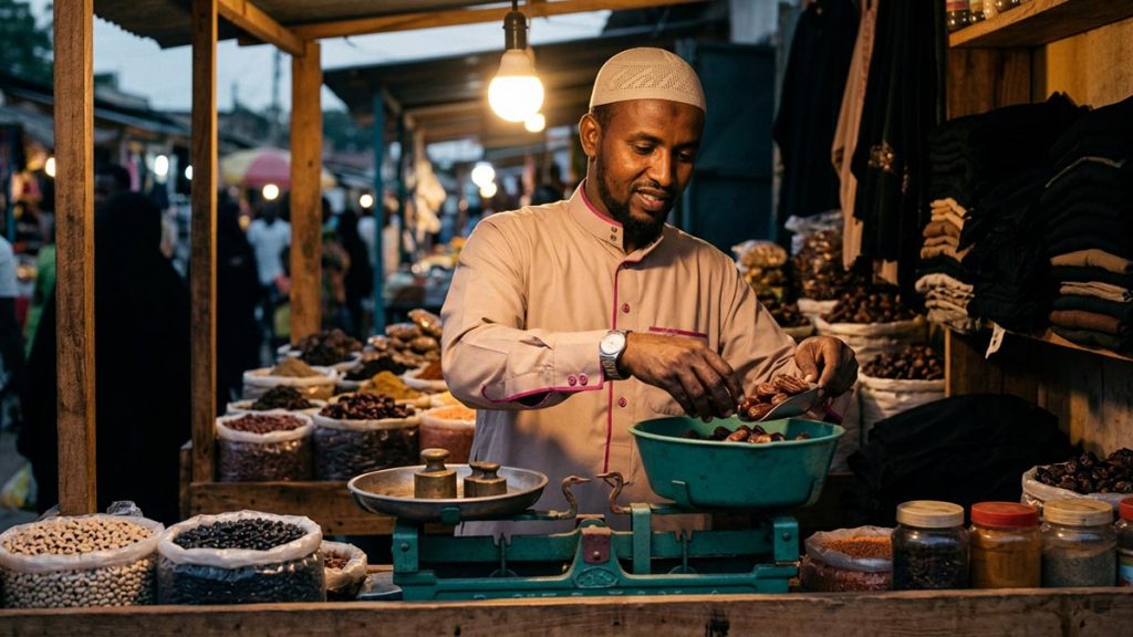 A Muslim man at a market stall where goods are weighed honestly, an opening scene for the Dua for Business Ethics.