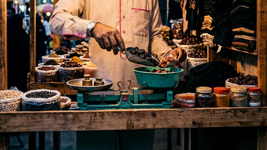 Close view of a Muslim man's hands and the set of balance scales weighing goods evenly during the Dua for Business Ethics.