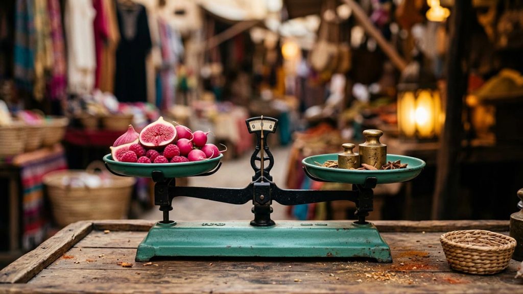 A still-life of a set of balance scales weighing goods evenly on a market stall, illustrating the Dua for Business Ethics.