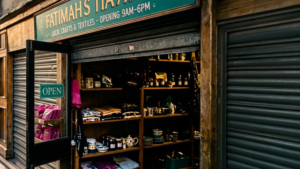 A still-life of an open shop door with an open sign and stocked shelves beyond, illustrating the Dua for Business Success.