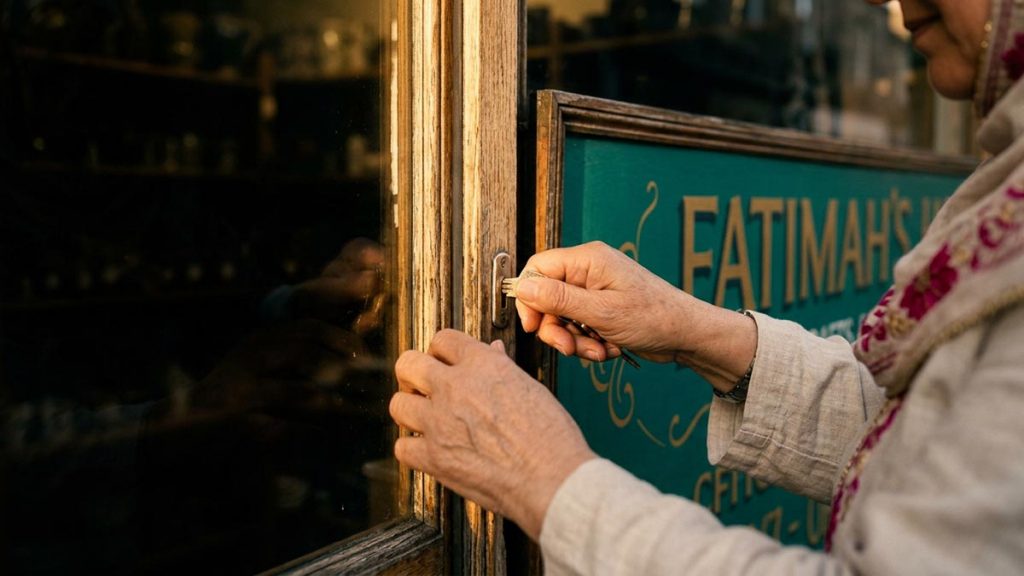 Close view of a Muslim woman's hands and the open shop door during the Dua for Business Success.
