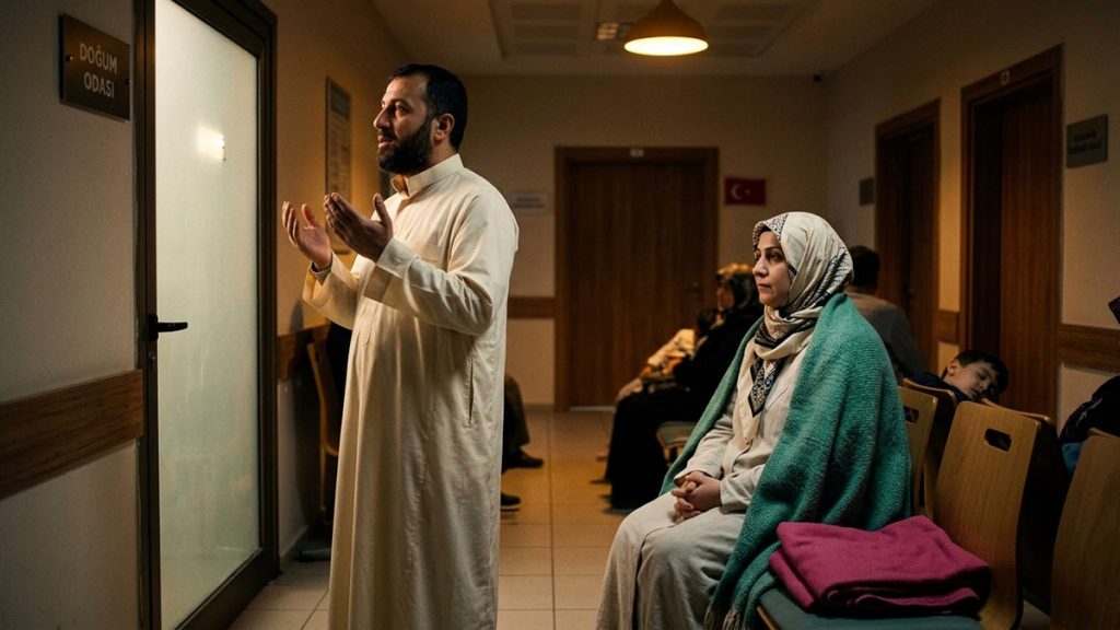 A Muslim family in a quiet room where a family waits with hope, an opening scene for the Dua for Childbirth.