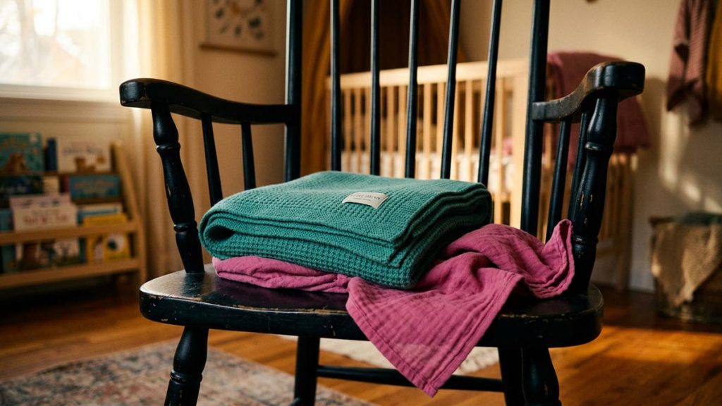 A still-life of a folded baby blanket and a swaddling cloth laid ready on a chair, illustrating the Dua for Childbirth.