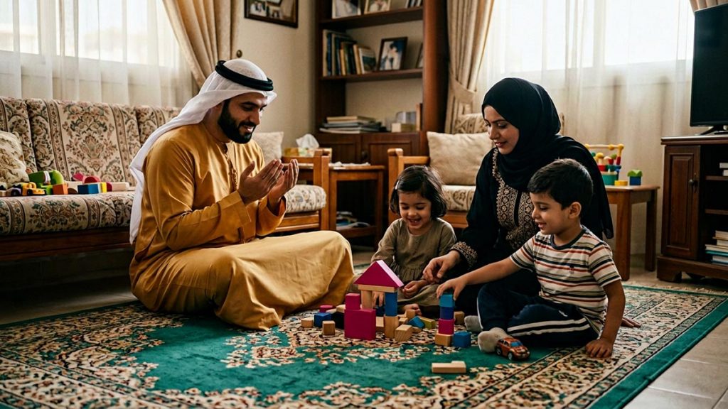 A Muslim family in a family living room where children play on the rug, an opening scene for the Dua for Children.