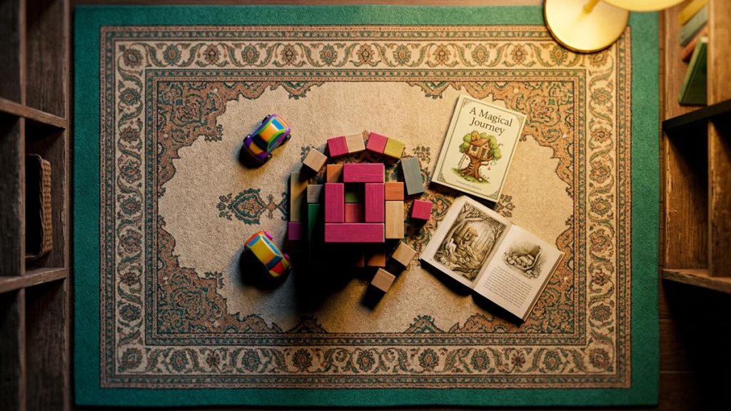 A still-life of children's toys and a storybook arranged on a family rug, illustrating the Dua for Children.