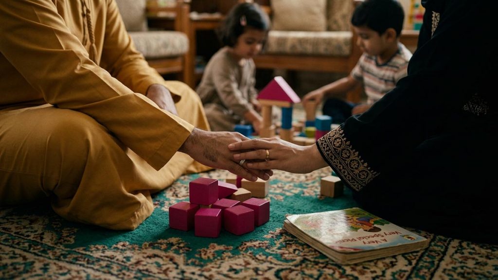 Close view of a Muslim family's hands and the children's toys and a storybook arranged during the Dua for Children.