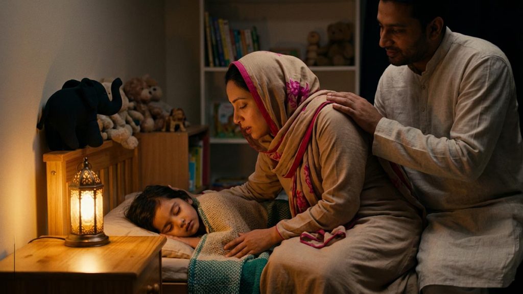A Muslim family in a child's bedroom at bedtime, an opening scene for the Dua for Children’s Protection.