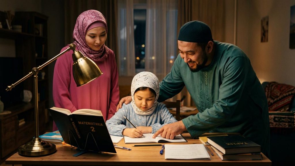 A Muslim family at a study desk where a child works on schoolwork, an opening scene for the Dua for Children’s Success.