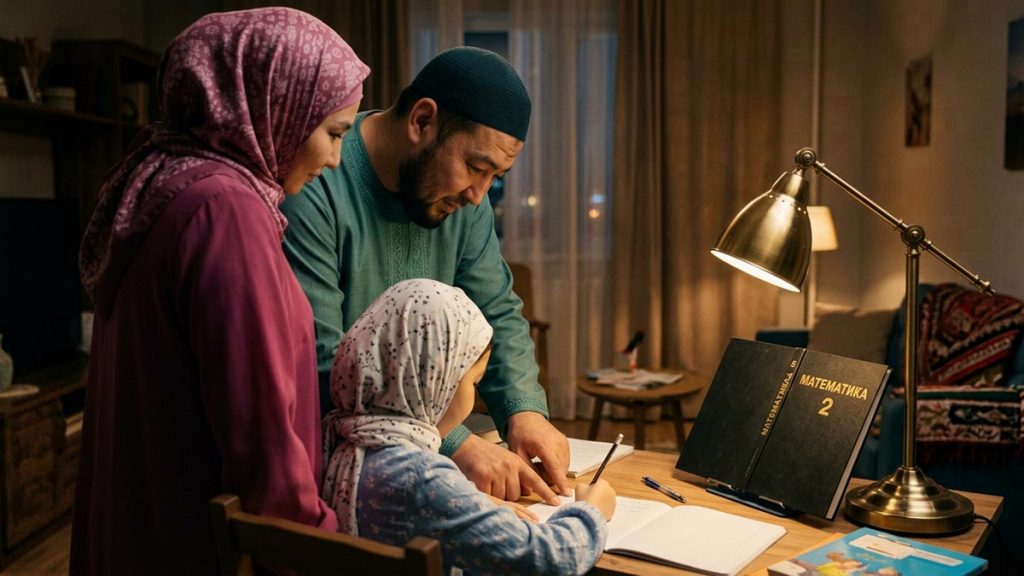 A Muslim family seen from behind at a study desk where a child works on schoolwork, reflecting the Dua for Children’s Success.
