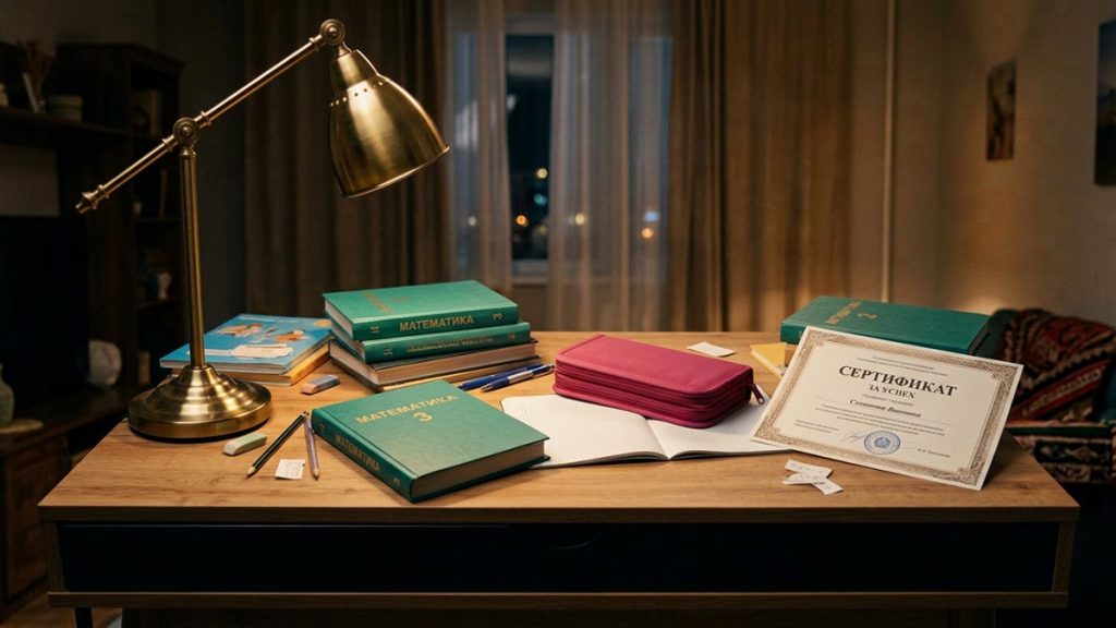 A still-life of school books, a pencil case and a certificate on a child's desk, illustrating the Dua for Children’s Success.
