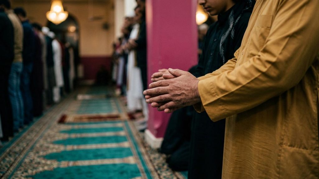 Close view of a Muslim family's hands and the unbroken line during the Dua for Community Unity.