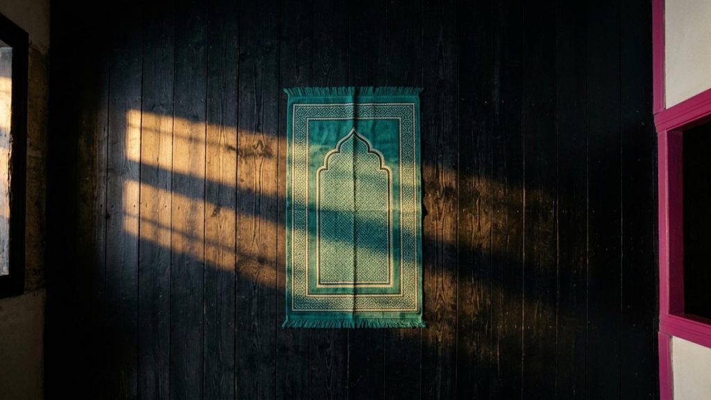 A still-life of a bare room with a single prayer mat and nothing else, illustrating the Dua for Concentration in Salah.
