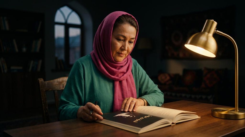 A Muslim woman at a cleared desk with a single task in front, an opening scene for the Dua for Concentration.