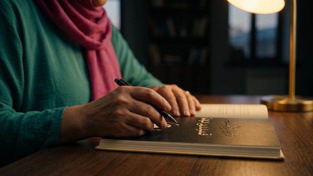 Close view of a Muslim woman's hands and the bare desk during the Dua for Concentration.