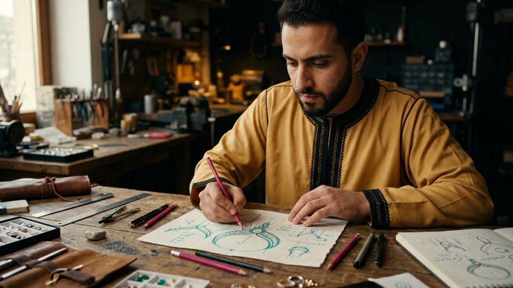 A Muslim man at a workbench where a design is being drawn, an opening scene for the Dua for Creativity.
