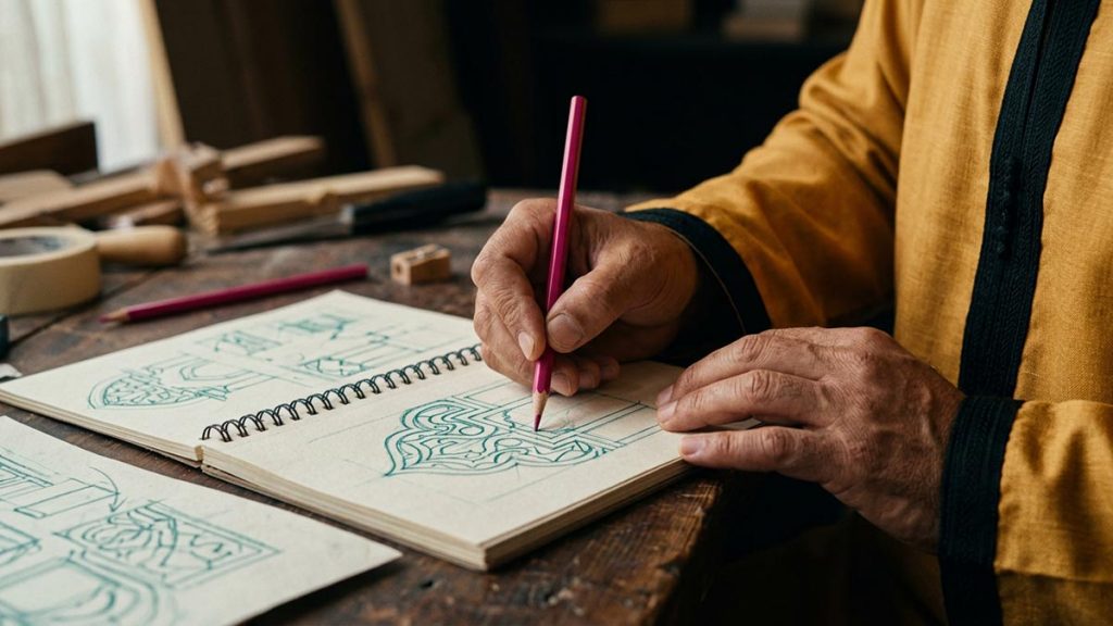 Close view of a Muslim man's hands and the sketchbook of designs open during the Dua for Creativity.