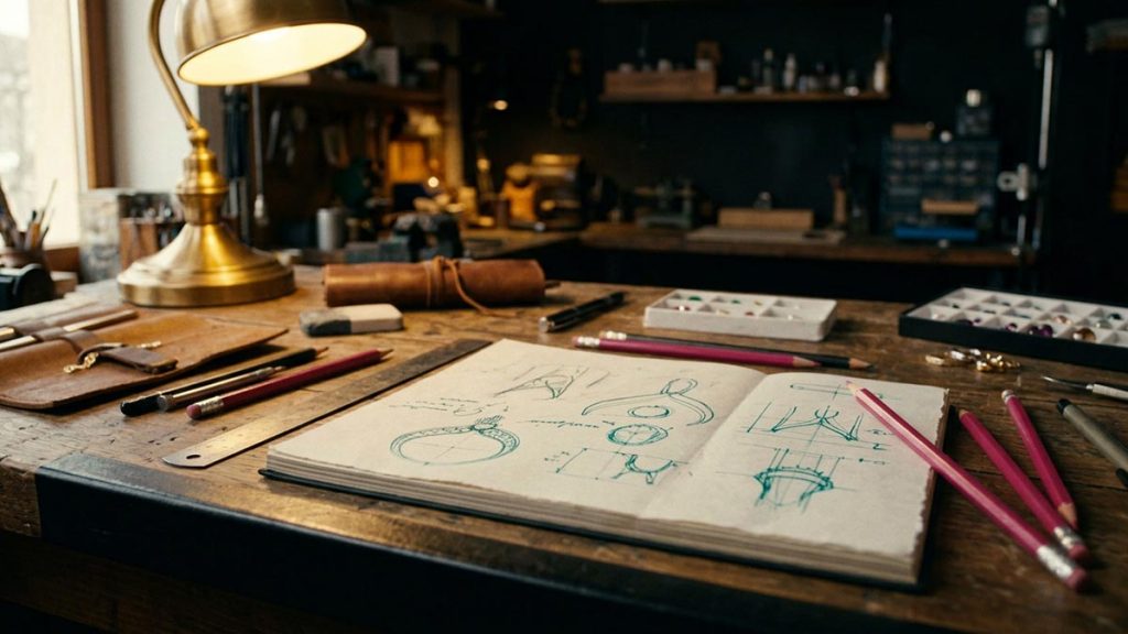 A still-life of a sketchbook of designs open beside pencils and a ruler, illustrating the Dua for Creativity.