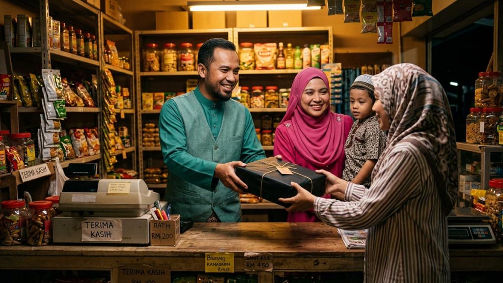 A Muslim family behind the counter of a small shop serving a customer, an opening scene for the Dua for Customers.