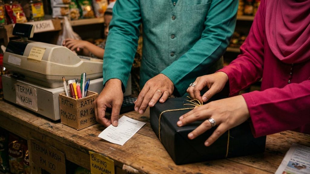 Close view of a Muslim family's hands and the wrapped parcel and a receipt during the Dua for Customers.