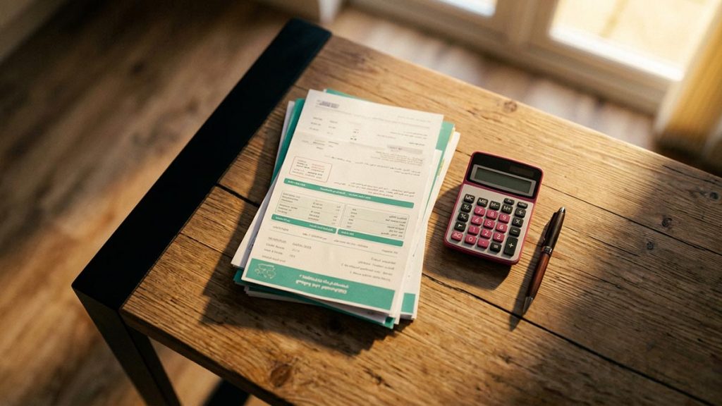 A still-life of a stack of bills, a calculator and a pen on a kitchen table, illustrating the Dua for Debt Relief.