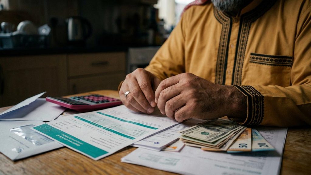 Close view of a Muslim man's hands and the stack of bills during the Dua for Debt Relief.