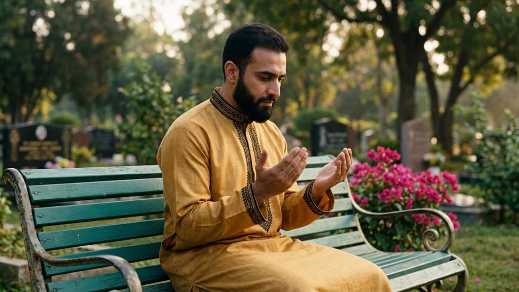 A Muslim man in a quiet garden of remembrance in gentle morning light, an opening scene for the Dua for Deceased Children.