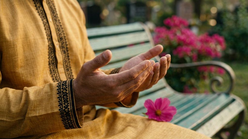 Close view of a Muslim man's hands and the single small flower during the Dua for Deceased Children.