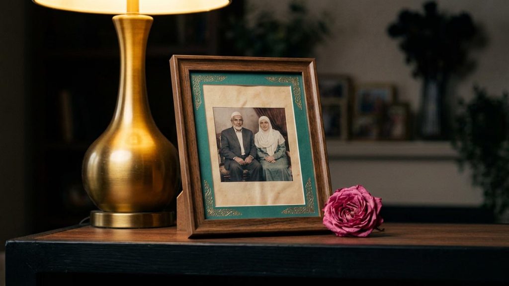 A still-life of a framed family photograph beside a lit lamp on a shelf, illustrating the Dua for Deceased Relatives.