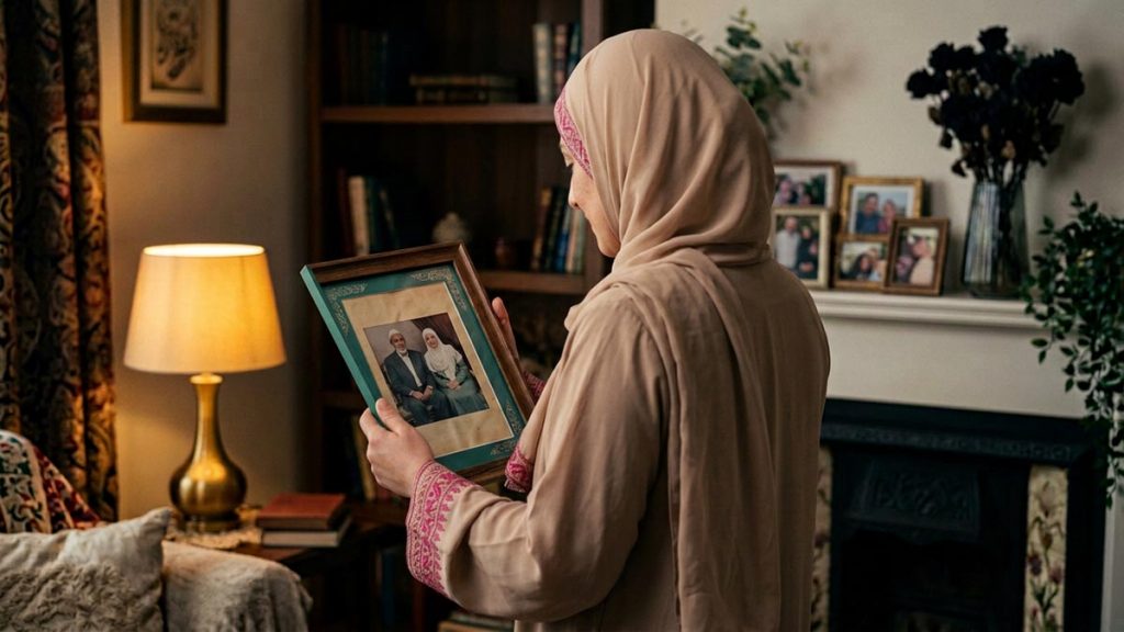 A Muslim woman seen from behind in a family room where a photograph of relatives is kept, reflecting the Dua for Deceased Relatives.