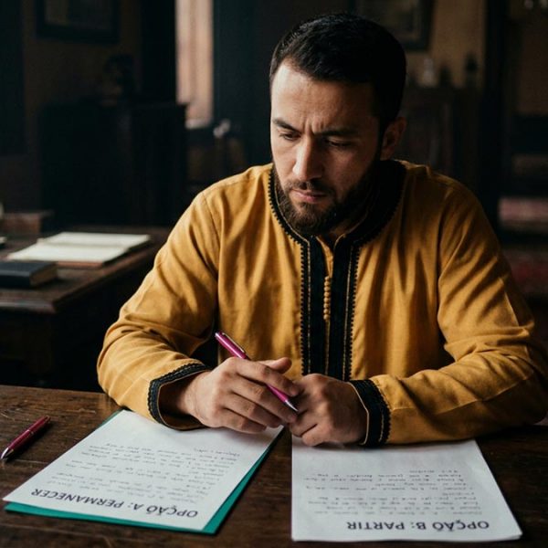 A Muslim man making the Dua for Decision-Making, at a desk where two clear options are laid out.