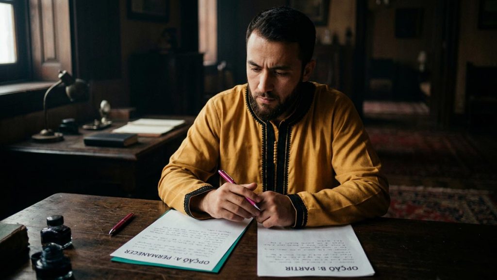 A Muslim man at a desk where two clear options are laid out, an opening scene for the Dua for Decision-Making.