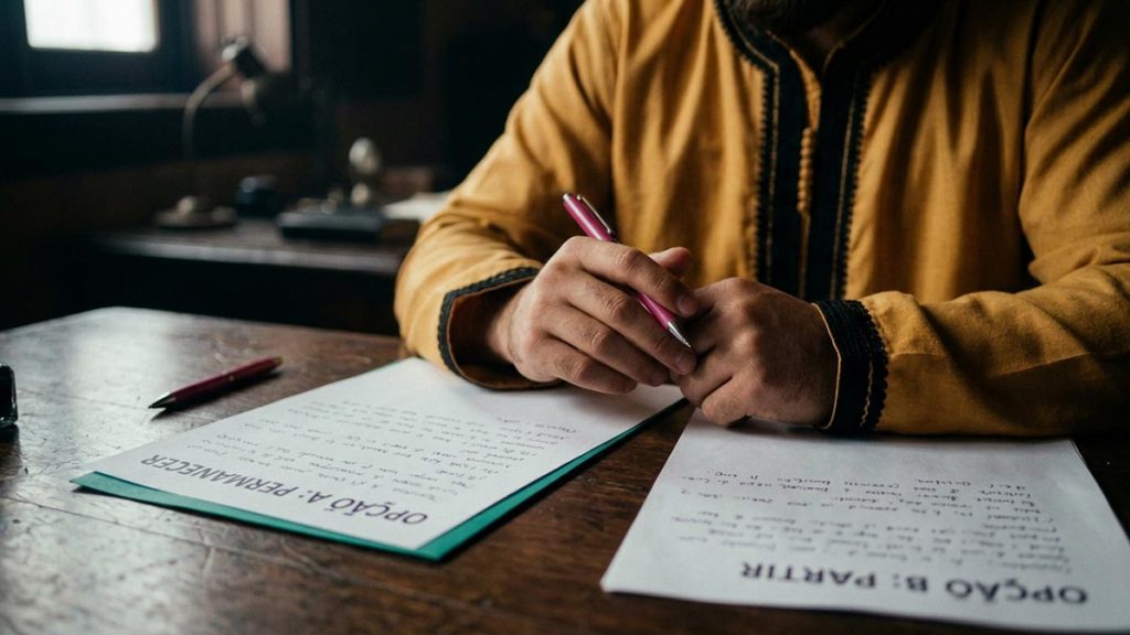 Close view of a Muslim man's hands and the two sheets of paper during the Dua for Decision-Making.