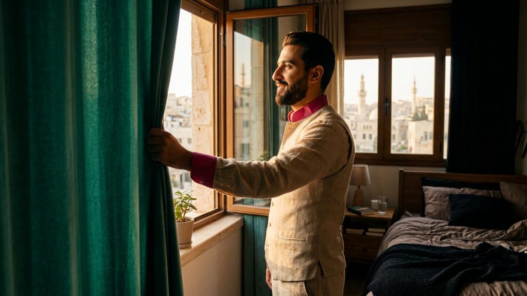 A Muslim man in a room where curtains have been opened to the morning light, an opening scene for the Dua for Depression.