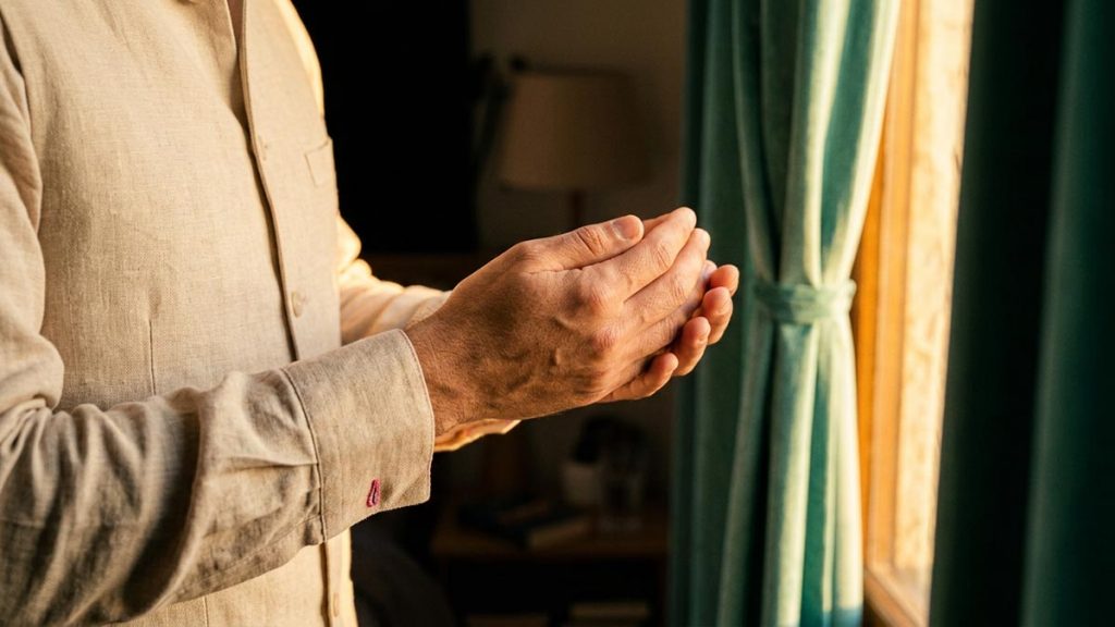 Close view of a Muslim man's hands and the opened curtain letting morning light fall during the Dua for Depression.