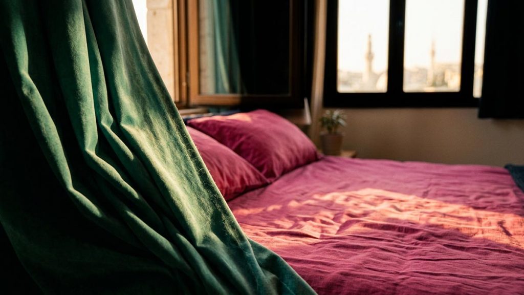 A still-life of an opened curtain letting morning light fall across a made bed, illustrating the Dua for Depression.