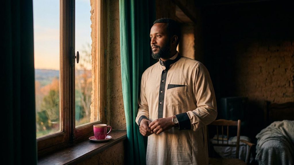 A Muslim man at a window as the first light of morning eases into the room, an opening scene for the Dua for Ease.