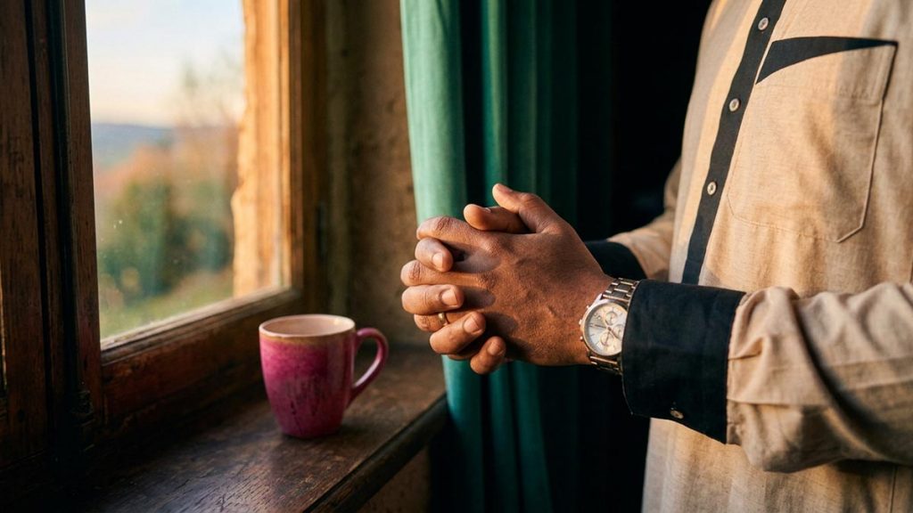 Close view of a Muslim man's hands and the opening window letting morning light spill during the Dua for Ease.